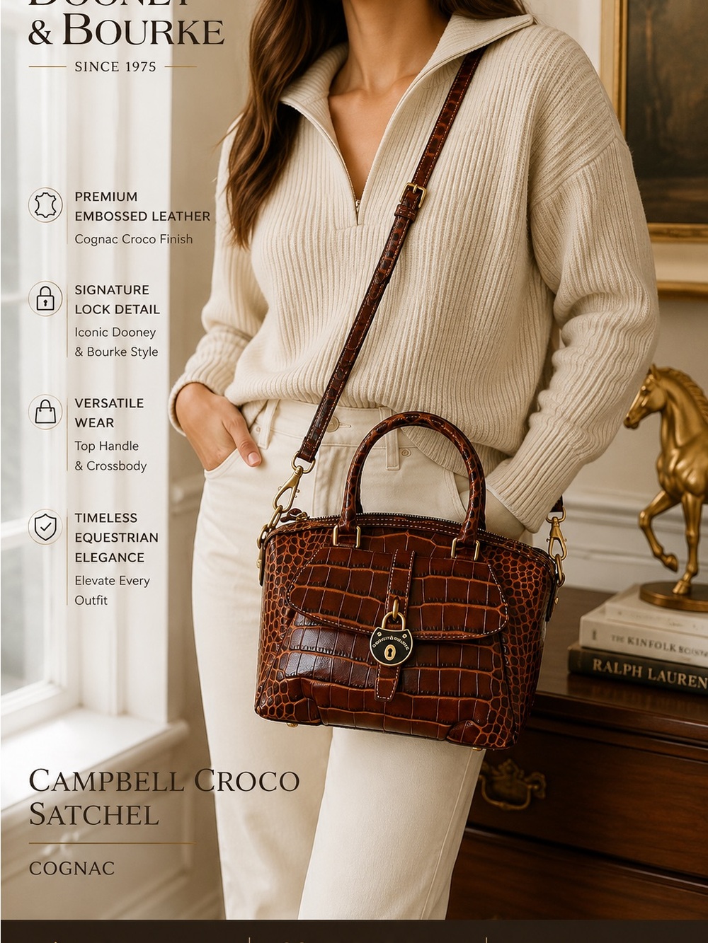 Dooney & Bourke Campbell Croc-Embossed Leather Satchel Cognac Luxury - Like New